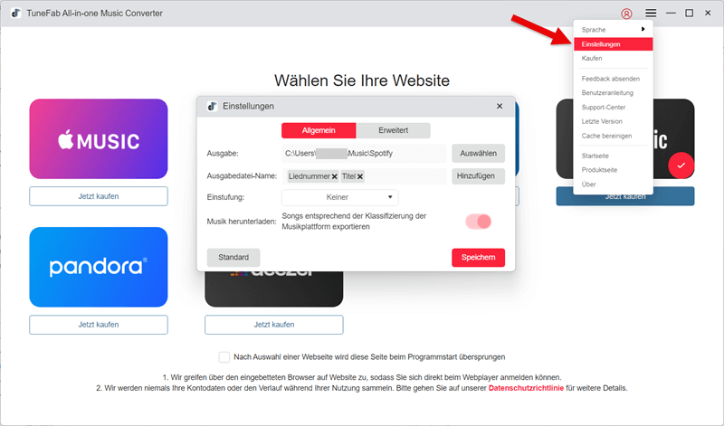 Speicherort in TuneFab einstellen