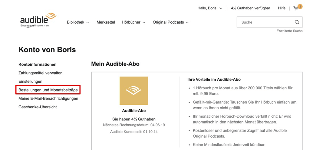 Audible Bestellungen Monatsbeträge