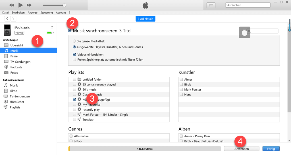 Gewählte Songs in iPod classic synchronisieren