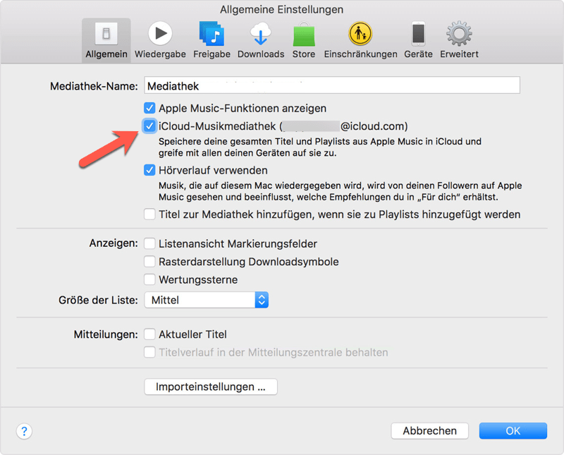 iCloud Musikmediathek aktivieren in iTunes
