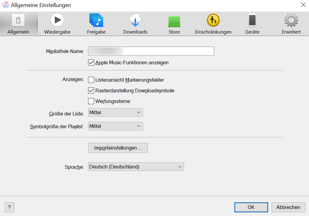 iTunes Importeinstellungen