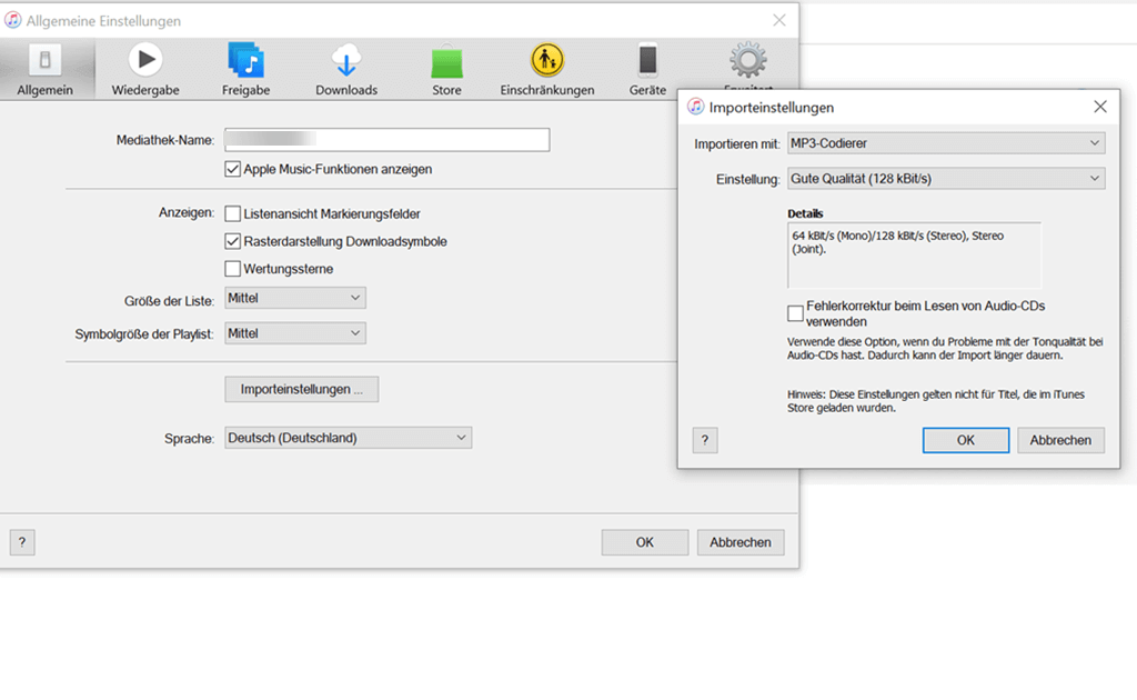 iTunes Importeinstellungen MP3 Codierer