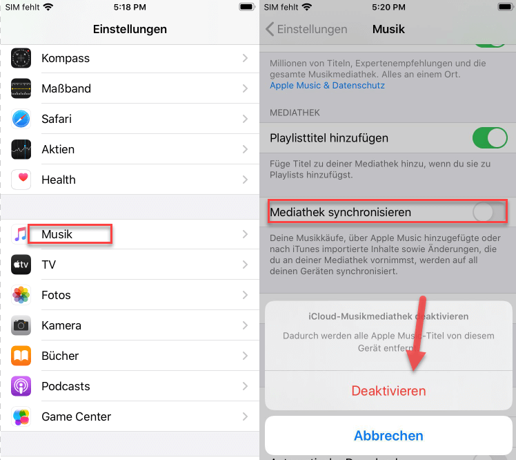 Musik App deaktiviert iCloud Musikmediathek