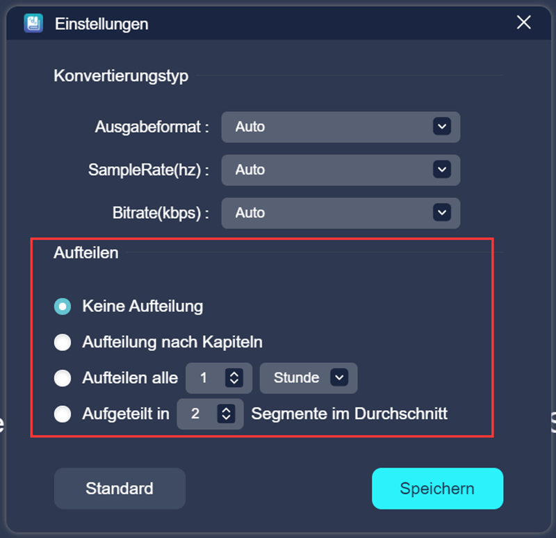 Hörbuch Ausgabeformat anpassen