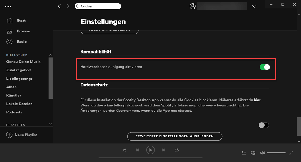 Spotify Hardwarebeschleunigung aktivieren