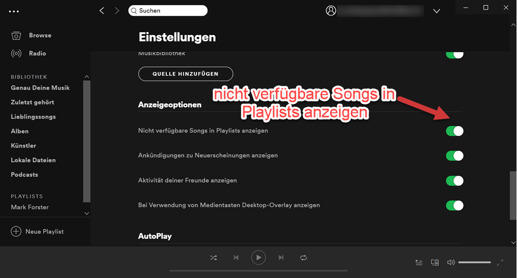 Spotify nicht verfügbare Songs in Playlists anzeigen