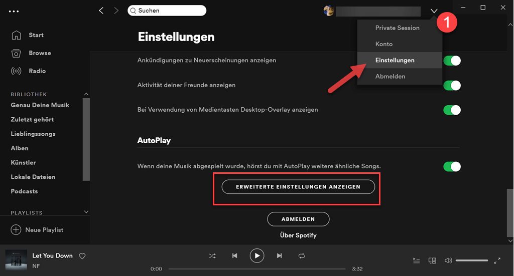 Spotify erweiterte Einstellungen anzeigen