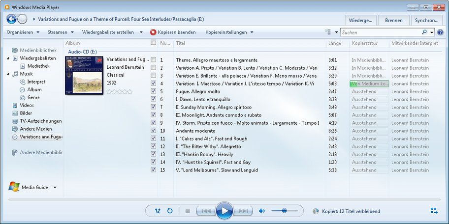 Windows Media Player CD Songs auswählen