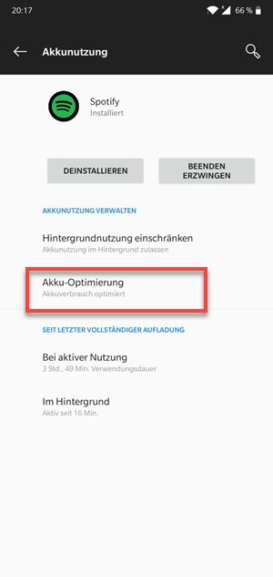 Spotify Akkuverbrauchsoptimierung deaktivieren