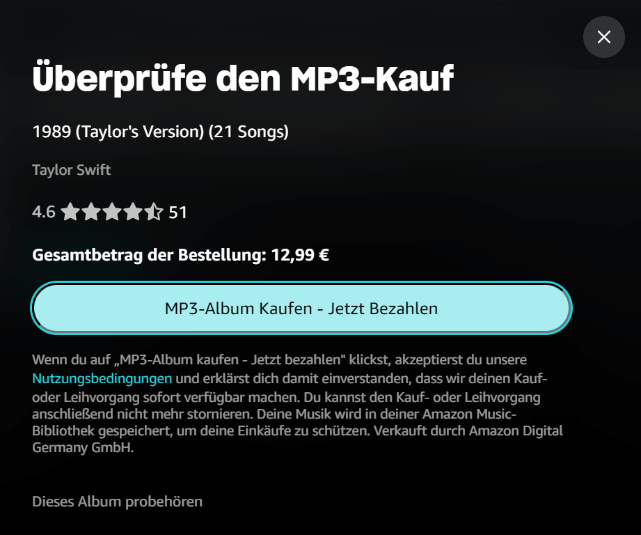 Amazon Music MP3-Kauf bestätigen