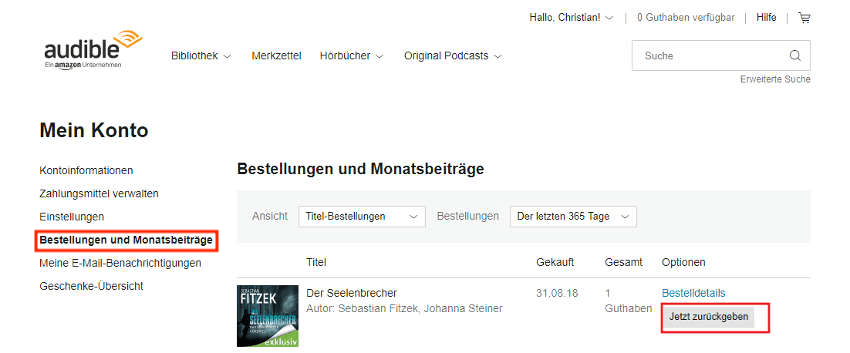 Audible Jetzt zurueckgeben