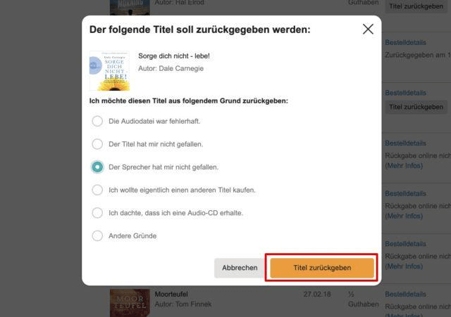 Audible Titel zurueckgeben