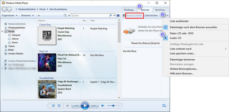 Audio-CD in Windows Media Player auswählen