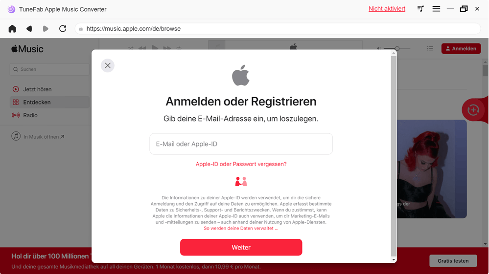Auf TuneFab mit Apple-ID anmelden