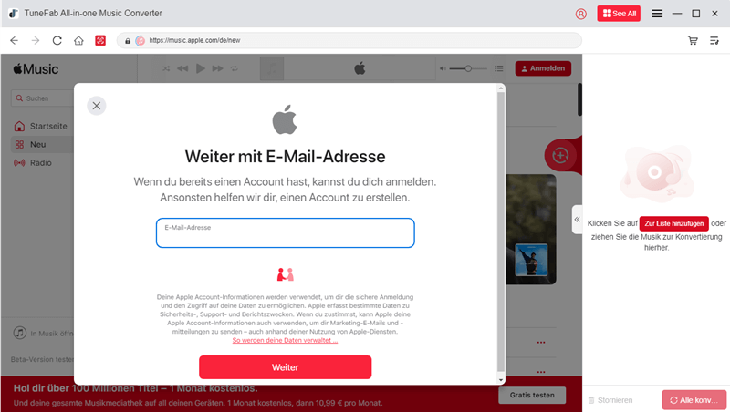 Auf TuneFab mit Apple-ID anmelden