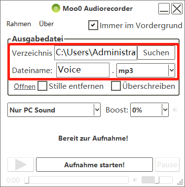Moo0 Audiorecorder einstellen