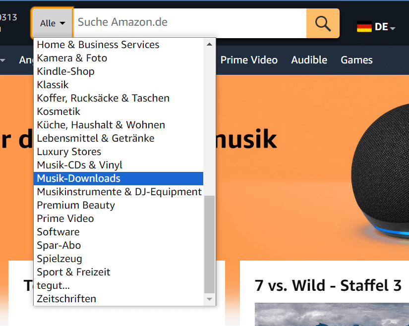 „Musik-Downloads“ auf Amazon auswählen