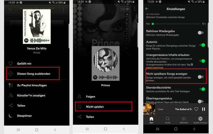 Spotify Songs ausgeblendet wieder anzeigen