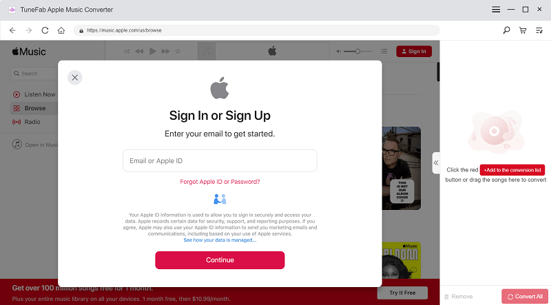 Anmeldung beim Apple Music Web Player