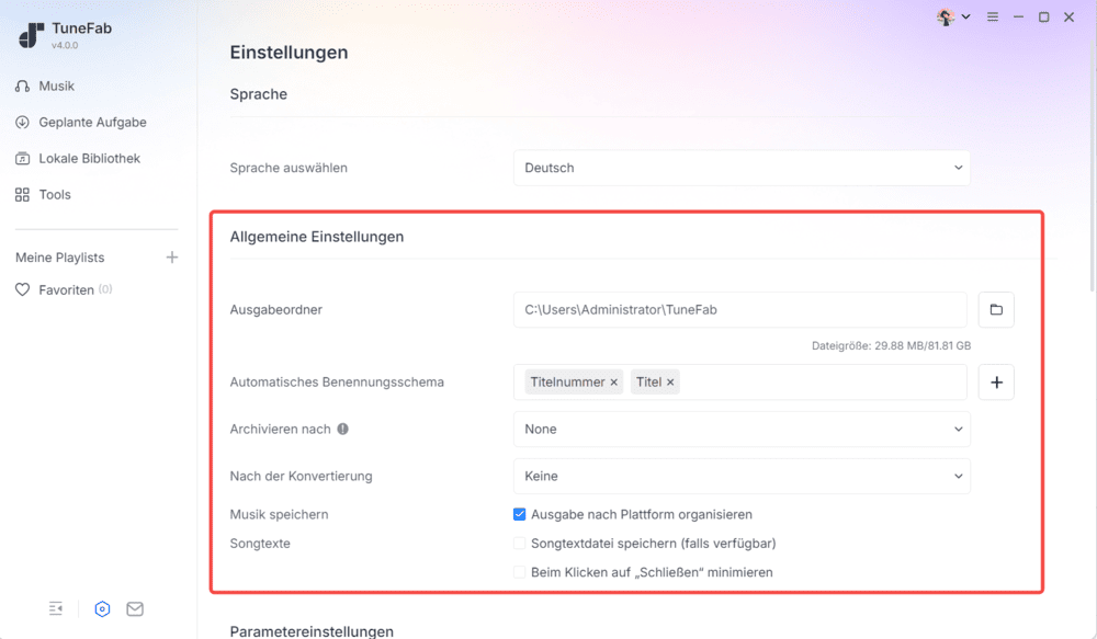 Allgemeine Einstellungen von TuneFab
