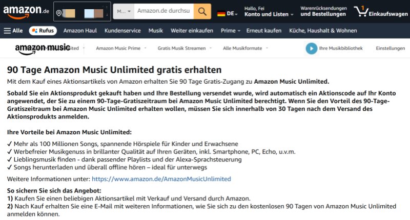 Amazon Music 3 Monate kostenlos mit Einkauf