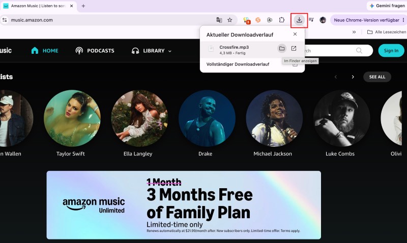 Amazon Music heruntergeladene Musik über Webbrowser finden
