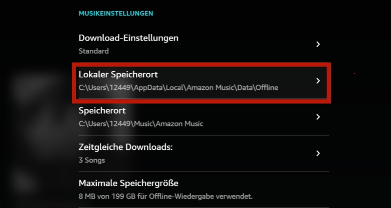 Amazon Music Speicherort auf Windows