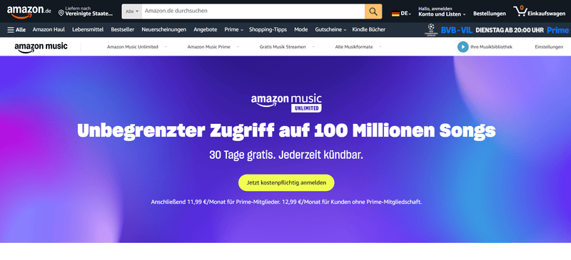 Amazon Music Unlimited-Seite