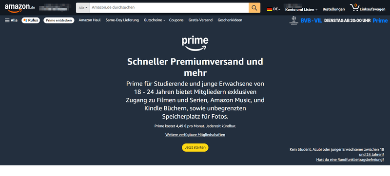 Amazon Prime-Seite