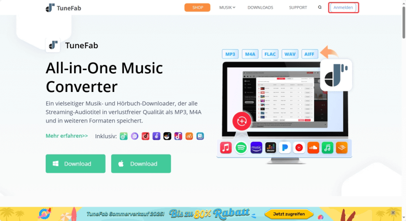 Anmeldebutton auf der offiziellen Website von TuneFab