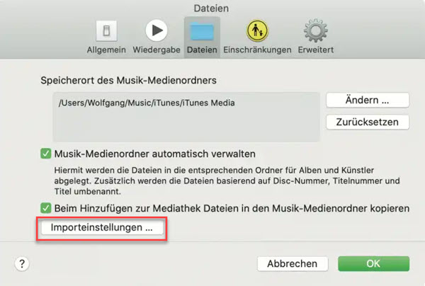 Apple Music App Importeinstellungen