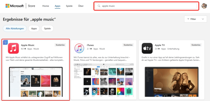 Apple Music auf Microsoft Store suchen