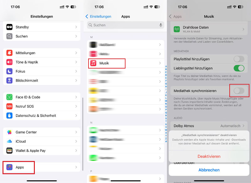 Apple Music Funktion „Mediathek synchronisieren“ deaktivieren