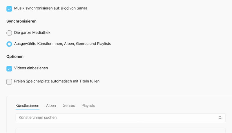 Apple Music Inhalte zum Synchronisieren auswählen