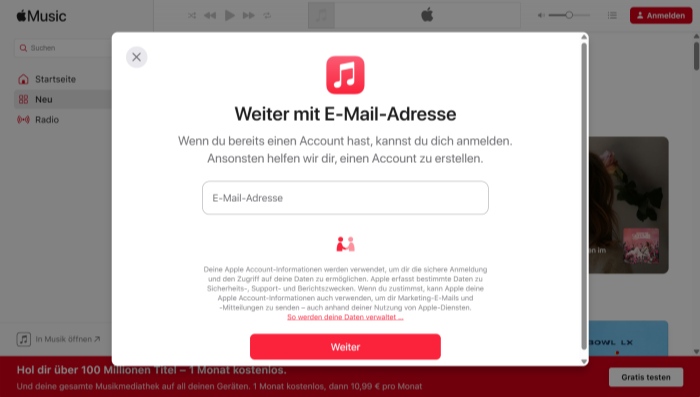 Mit dem Apple Account im Apple-Music-Webplayer anmelden