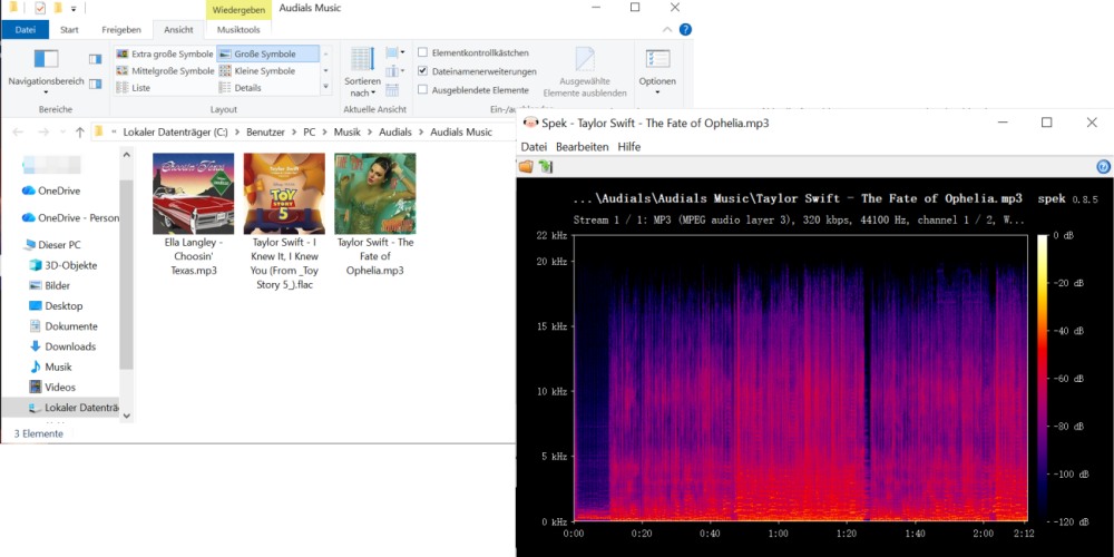 Spek-Analyse der MP3-Ausgabequalität von Audials