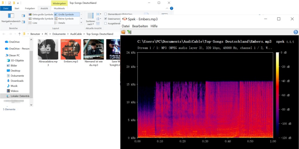 Spek-Analyse der MP3-Ausgabequalität von AudiCable