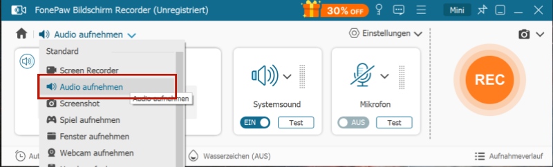 Audio-aufnehmen-Funktion in FonePaw Bildschirm Recorder