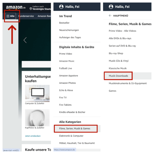 Musik Downloads in Amazon finden