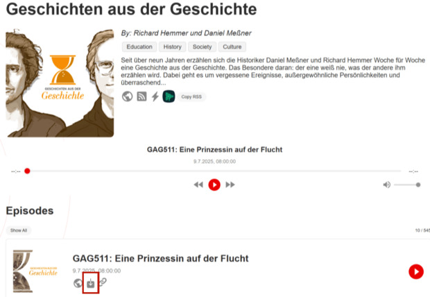 Auf den Download-Button Podcast Index klicken