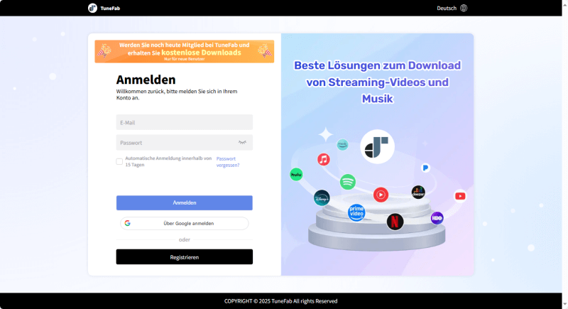 Auf der offiziellen Website von TuneFab anmelden