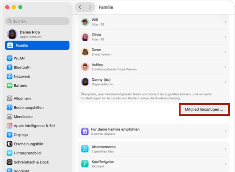 auf macOS Mitglied zur Familie hinzufügen