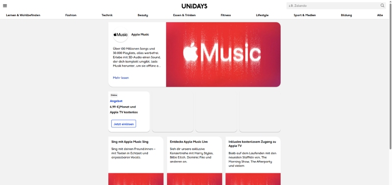 Auf UNiDAYS die Seite mit den Apple Music-Angeboten öffnen