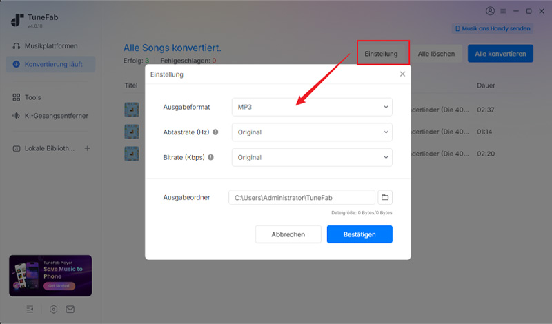 Ausgabeeinstellungen anpassen im TuneFab