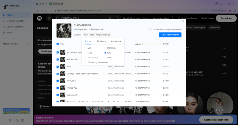 Ausgabeformat der Spotify Songs als WAV auswählen 