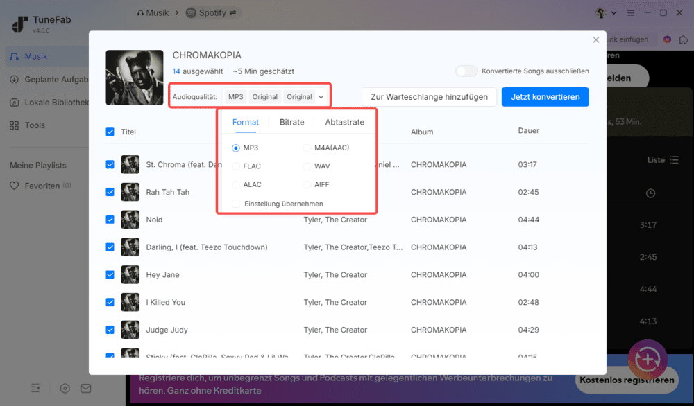 MP3 als Ausgabeformat für Spotify Songs auswählen