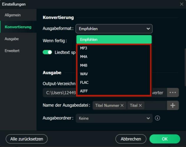 Ausgabeformat in ViWizard Spotify Music Converter
