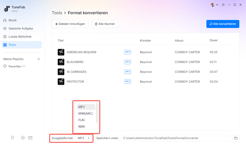 Ausgabeformat auswählen