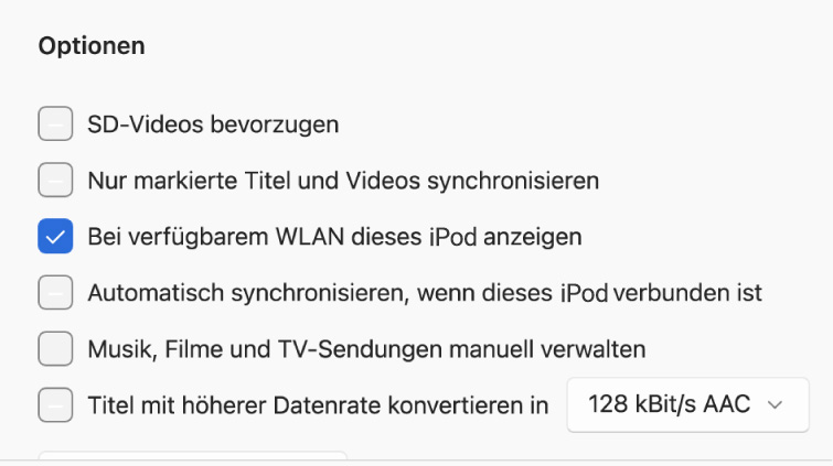 Bei verfügbarem WLAN dieses iPod markieren
