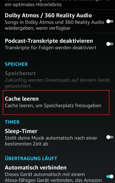 Cache leeren in Amazon Music